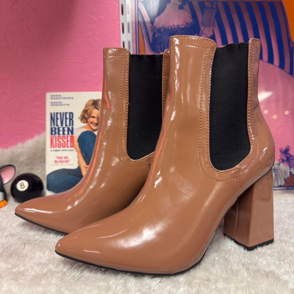 Tan Pantent Leather Platform Heel Ankle Boots w/ Pointed Toe